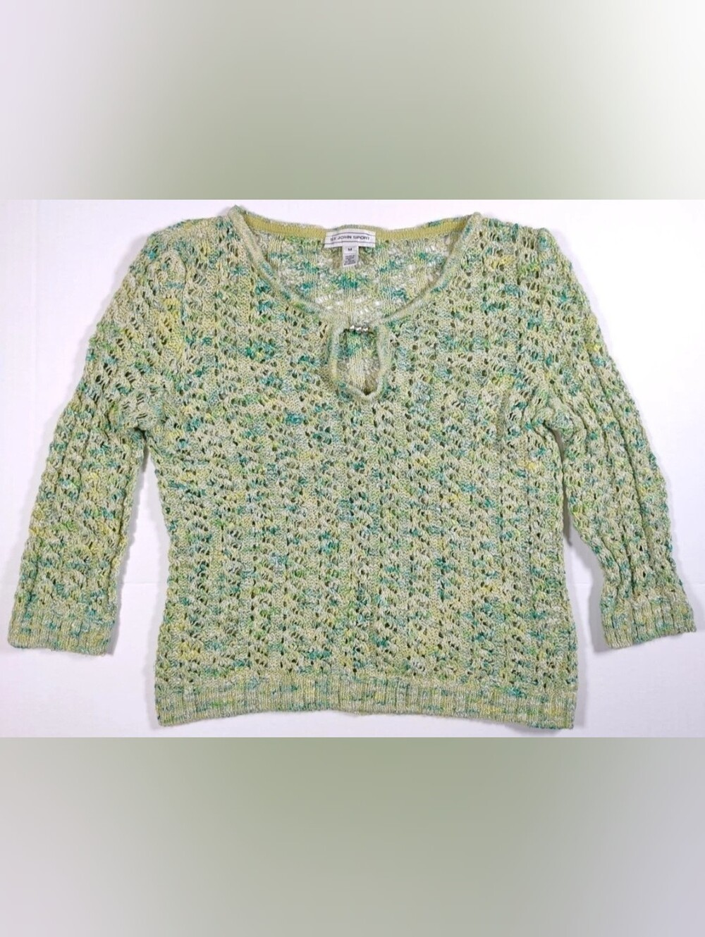 ST JOHN SPORT Green Wool Cotton Blend Open Knit Crochet 3/4 Sleeve Sweater Sz M